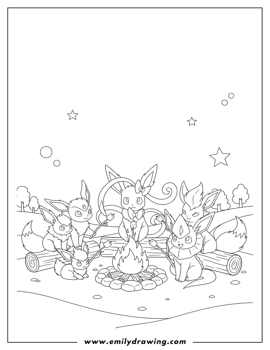 Clean line drawing: sylveon With Other Eevee Evolutions Around Bonfire, roasting marshmallows and sitting on logs