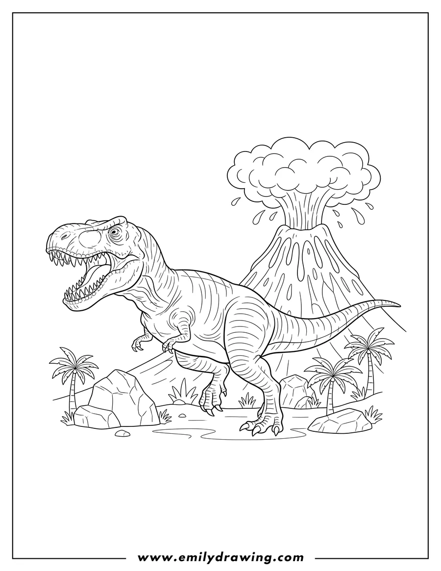 Clean line drawing: T Rex Dinosaur Running From Volcano Scaled, with an open mouth showing sharp teeth