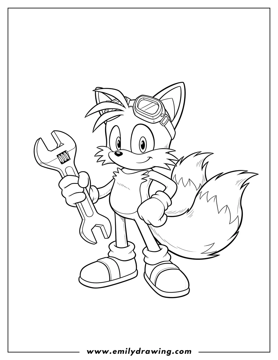 Linear illustration of detailed Tails smirking, one hand on his hip, with goggles on his head and holding a wrench