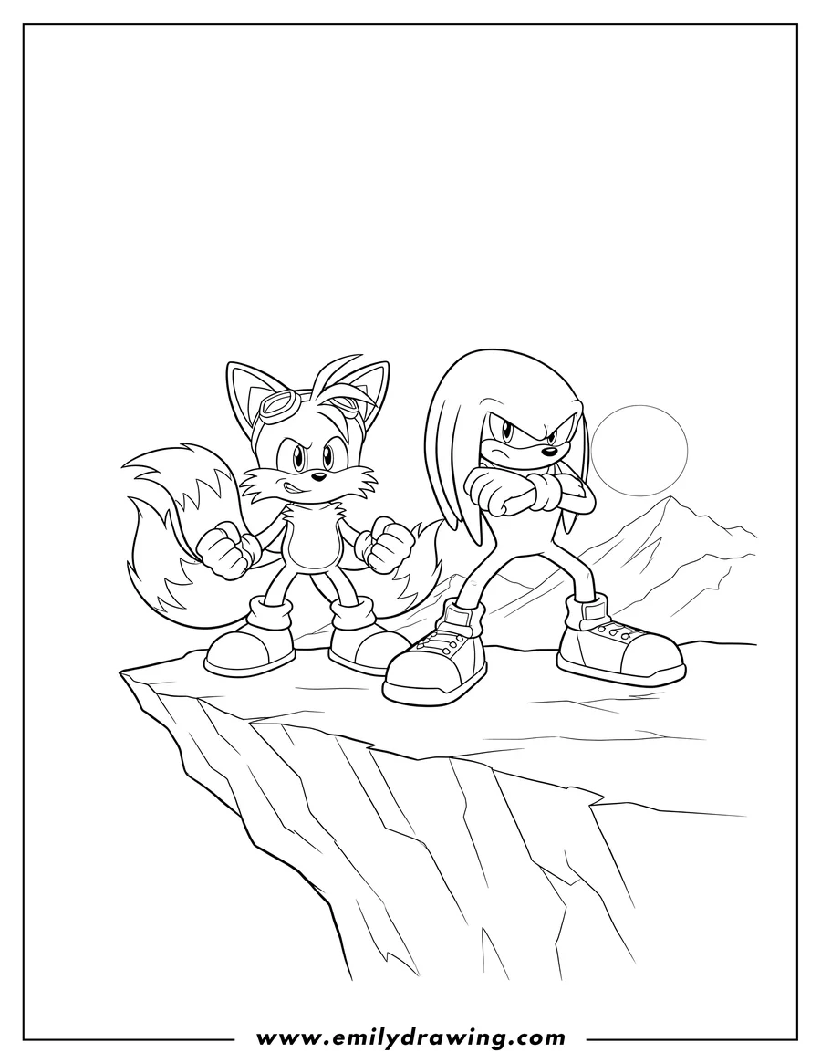 Simple sketch of detailed Tails Sonic And Knuckles On Cliff with determined expressions and ready stances to color