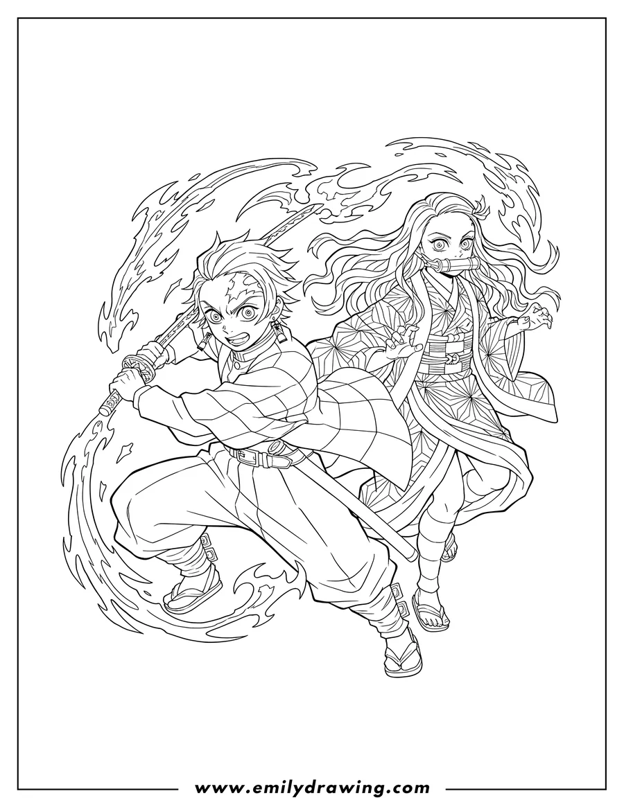 Coloring page of detailed Tanjiro with his flame-effect sword and fierce Nezuko with a bamboo muzzle, fighting