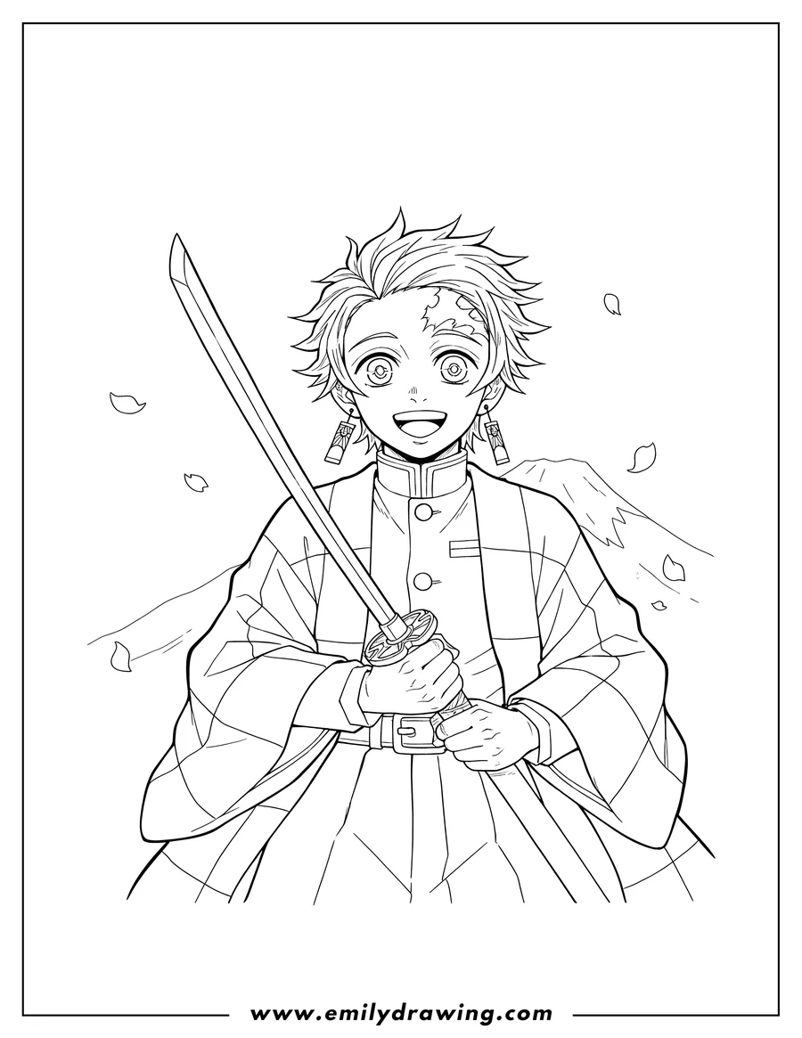 Coloring page of detailed Tanjiro smiling in a checkered haori with his sword