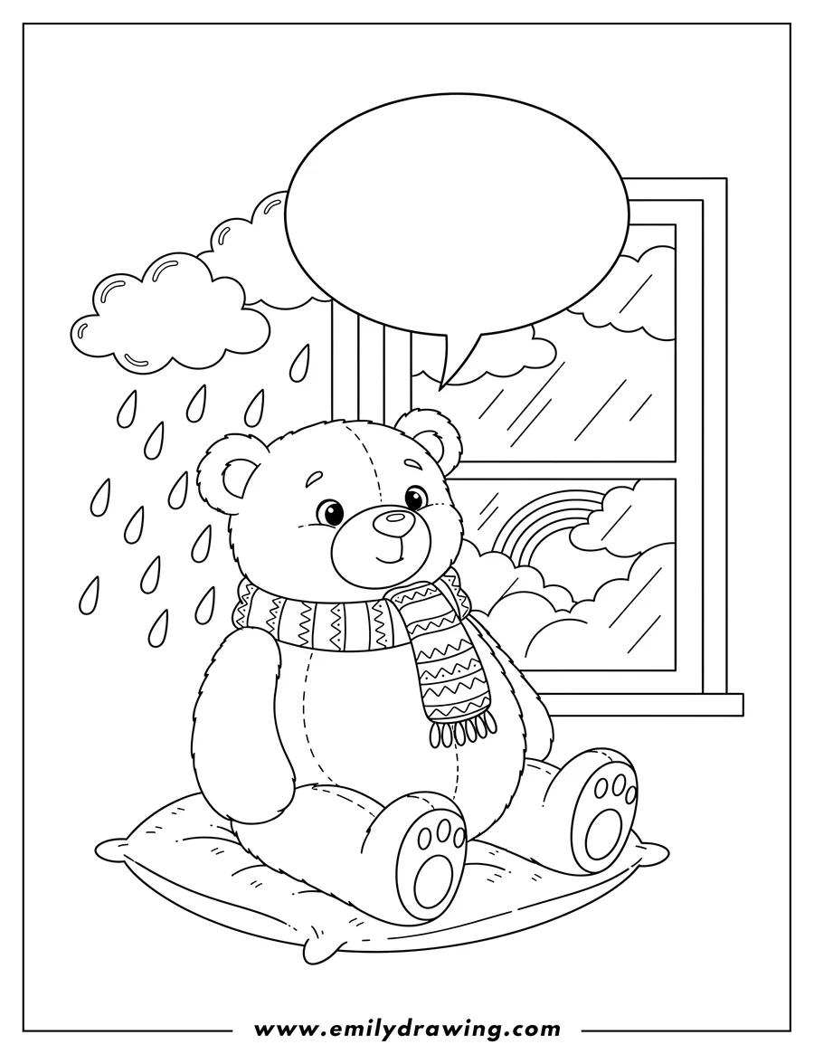 Coloring sheet featuring rainy Days Don T Last Forever With Teddy Bear Looking Out Window, wearing a cozy scarf, sitting on a pillow, and a speech bubble above its head stating 'Rainy days don't last forever'