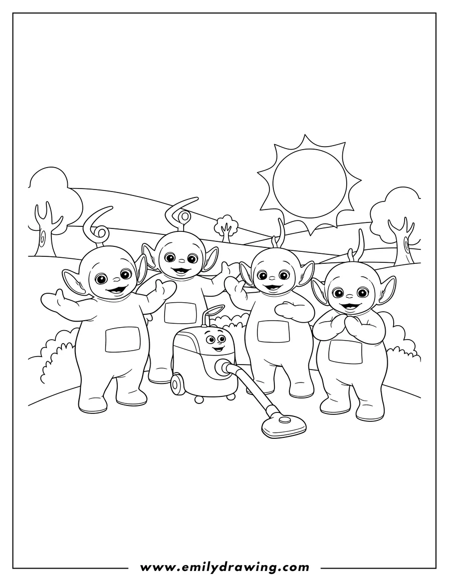 High quality printable detailed Teletubbies smiling and gathered around Noo-Noo for coloring