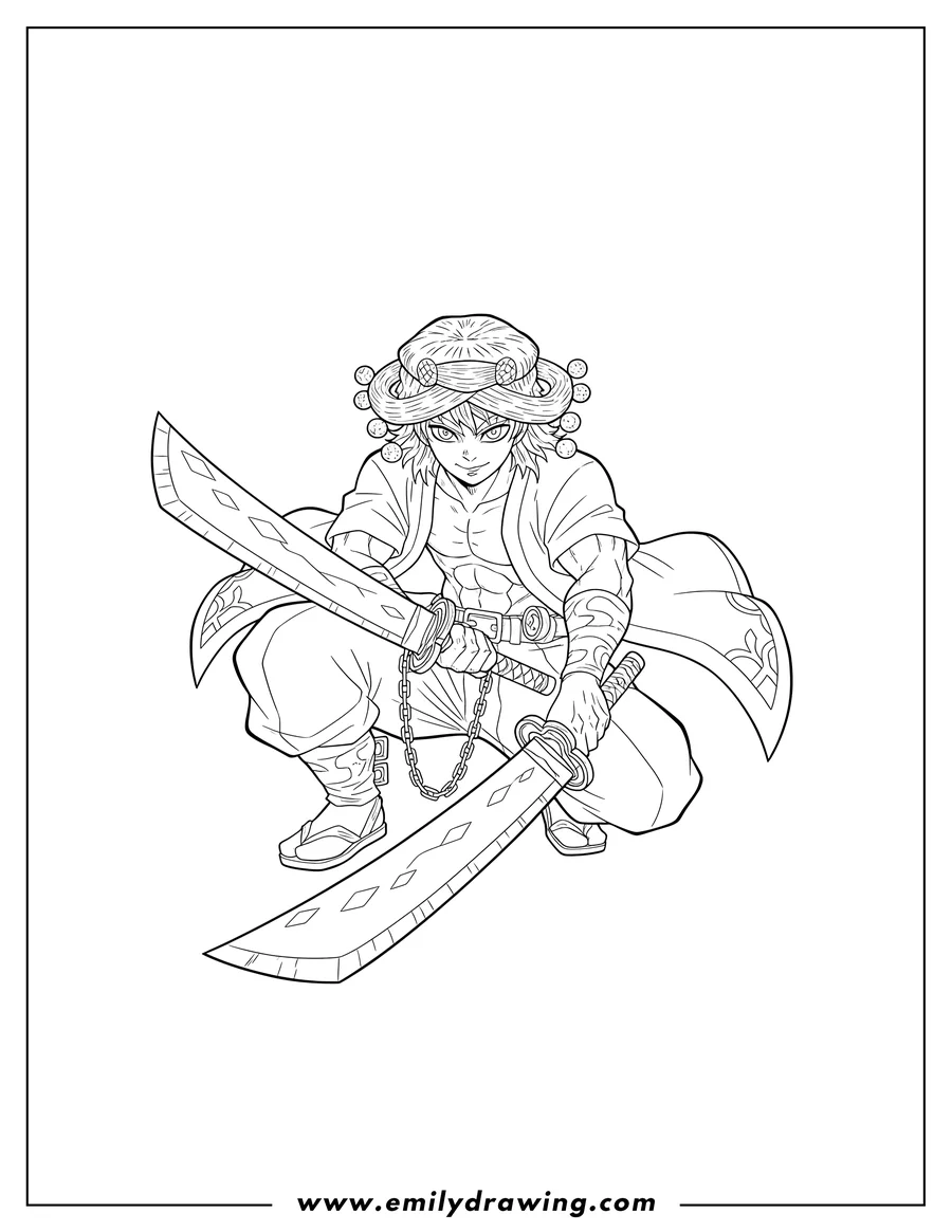 Coloring sheet featuring tengen Uzui crouching with his swords
