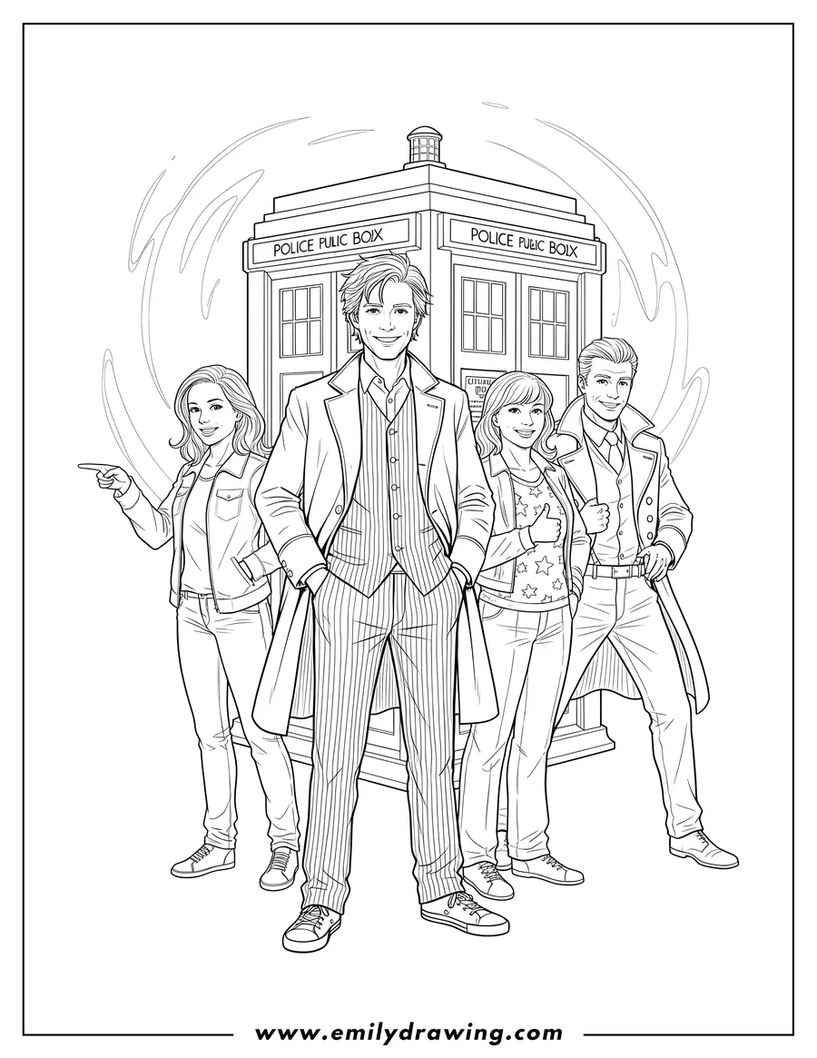 High quality printable tenth Doctor Who And Team Tardis posing with the TARDIS for coloring