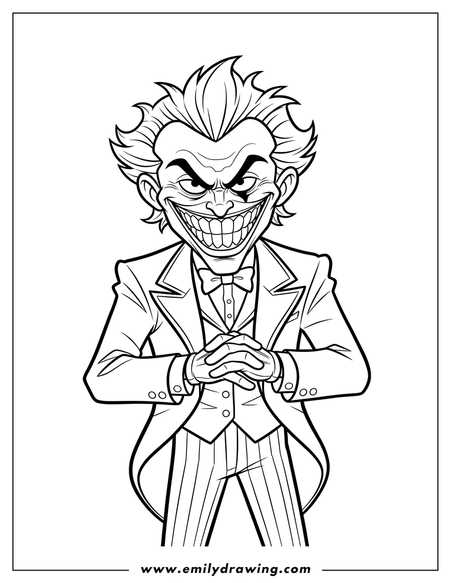 Printable coloring page of terrifying Joker Grinning widely with all his teeth, intense narrowed eyes, and wearing a suit