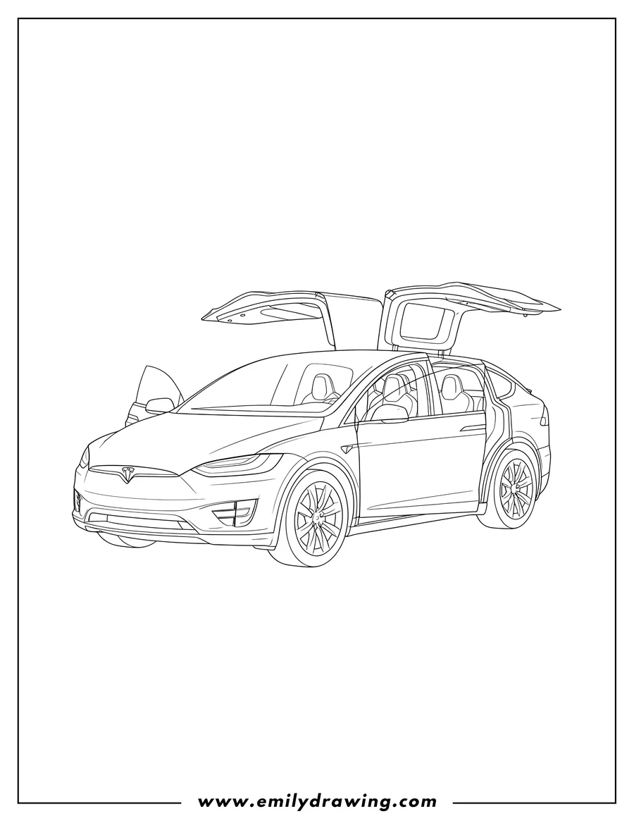 High quality printable tesla Model X with falcon wing doors and front passenger door open, coloring page for coloring