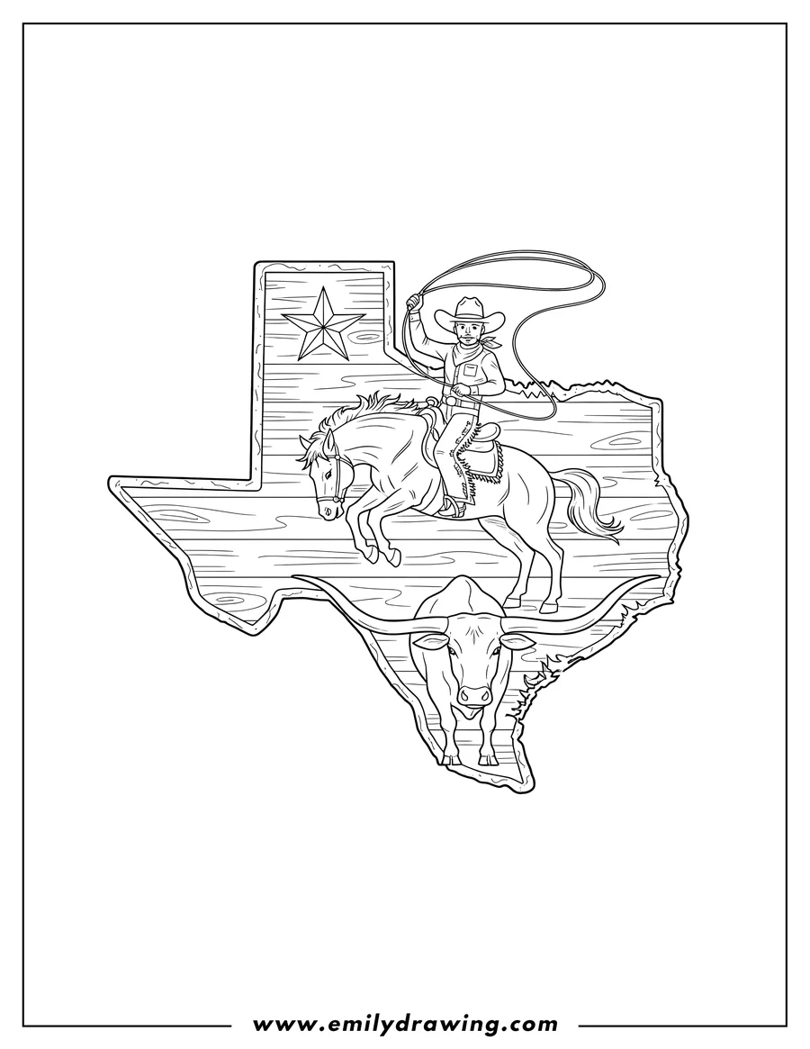 Downloadable coloring page of texas Lone Star State Vintage Sign featuring a cowboy riding a bucking bronco, with a longhorn