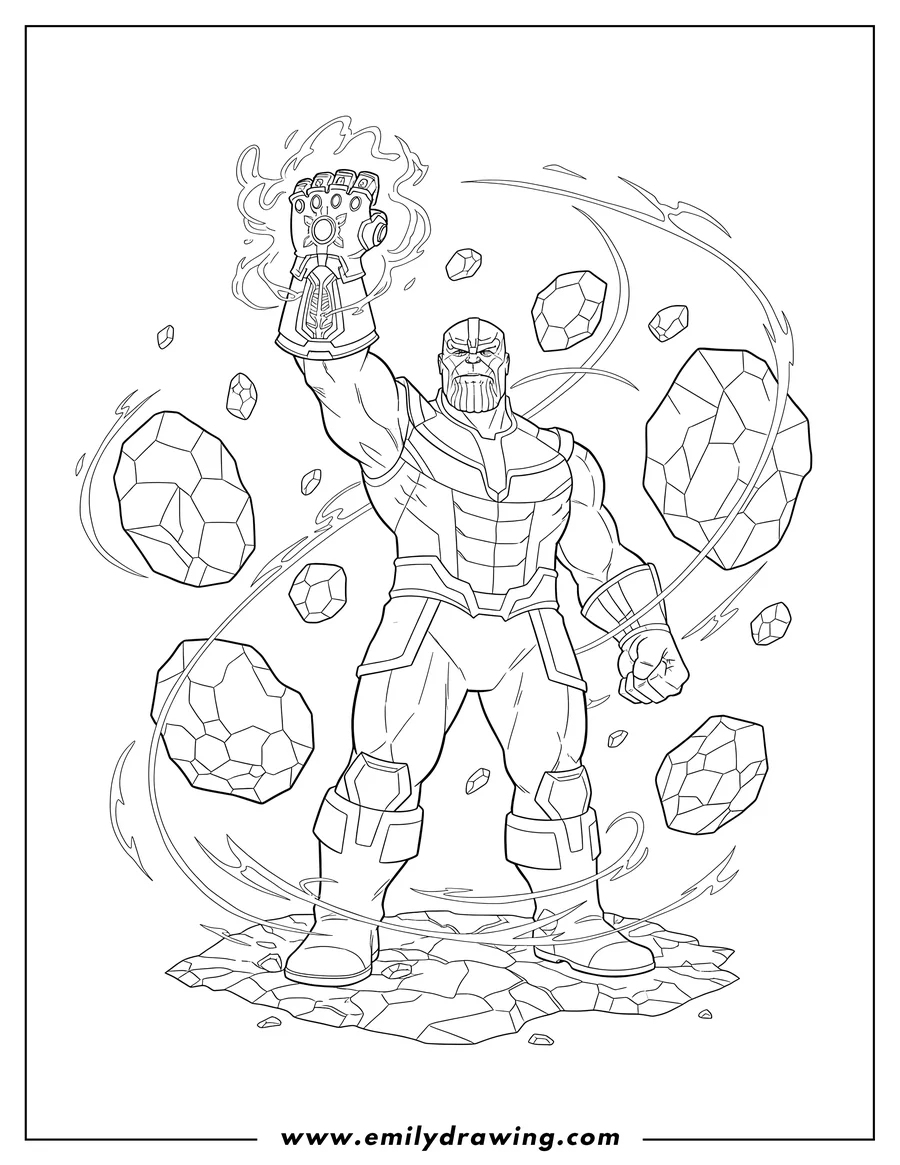Printable coloring page of detailed Thanos Using Infinity Gauntlet with his arm raised, surrounded by floating rocks and energy