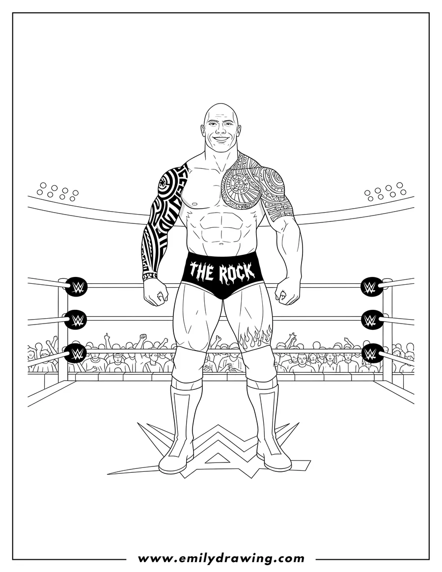 Full page coloring image of the Rock Standing Inside WWE Ring with Tribal Tattoo and The Rock Trunks
