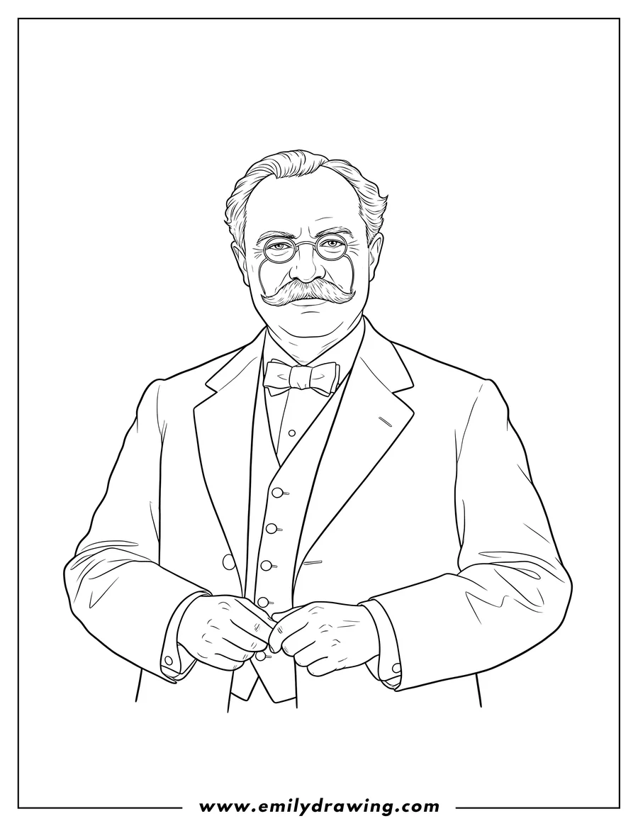 Printable coloring page of president Theodore Roosevelt in a suit, with a mustache and glasses