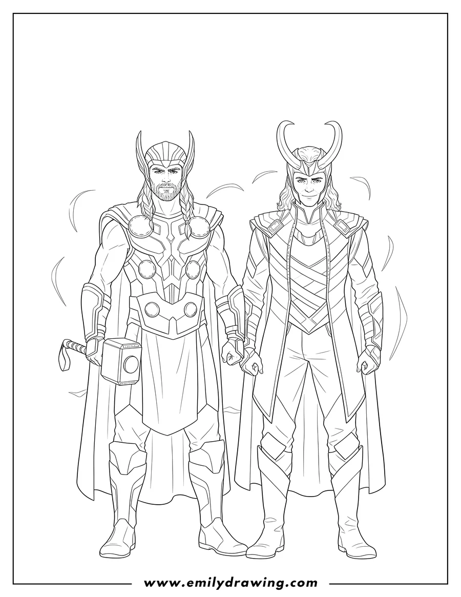 Coloring sheet featuring chris Hemsworth And Tom Hiddleston As Thor And Loki standing side-by-side, with Thor holding Mjolnir