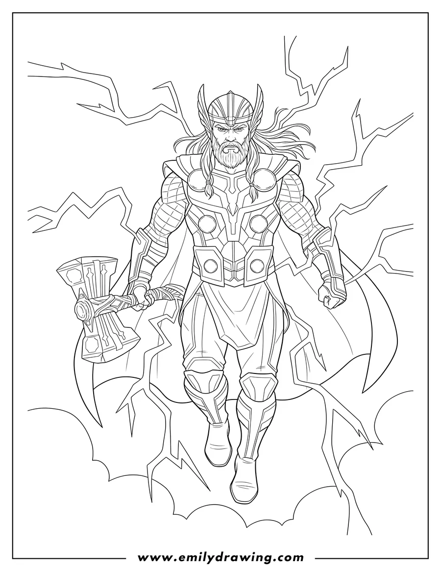 Black and white line art of thor Hovering During Lightening, holding Stormbreaker with a determined expression