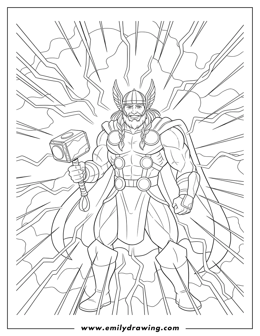 Outline drawing of thor wielding Mjolnir and smiling, surrounded by lightning