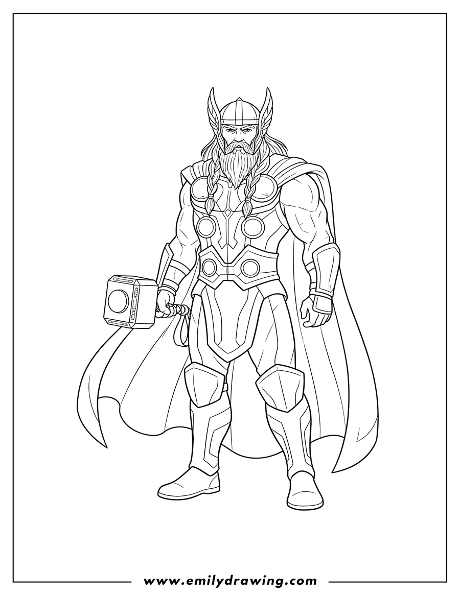 Printable line art of detailed Thor with long hair and beard, wearing armor and a cape, holding his hammer