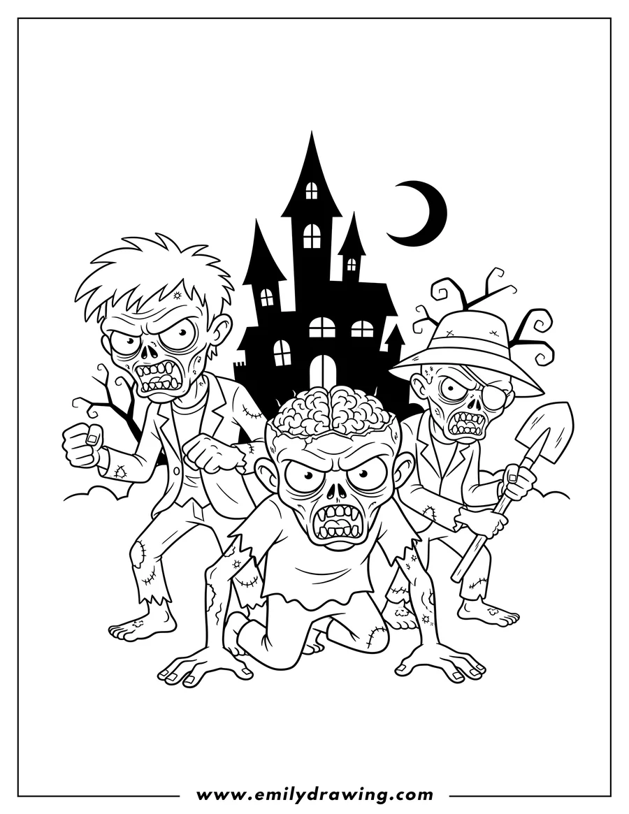 Black and white line art of three angry zombies, one crawling with an exposed brain and two standing, with a haunted castle background
