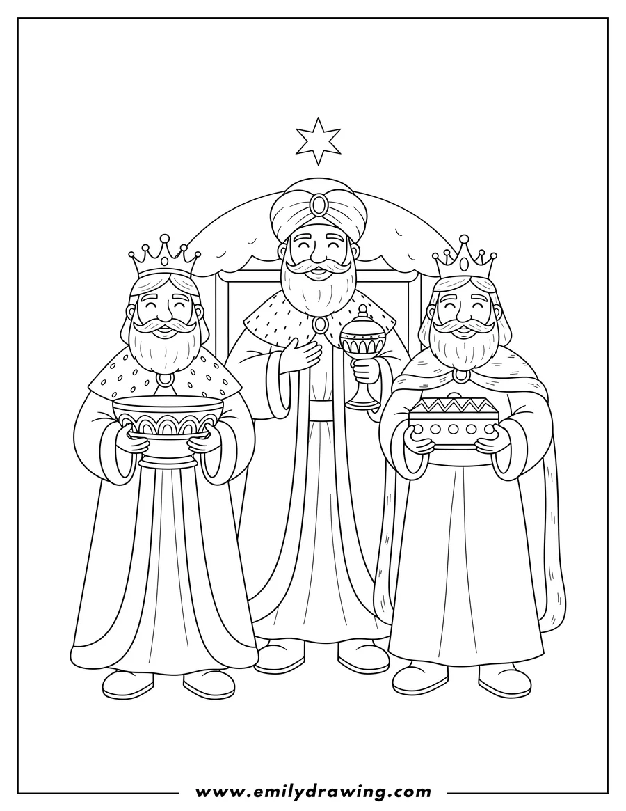 Full page coloring image of three standing Kings carrying a bowl, a chalice, and a box as gifts for Jesus