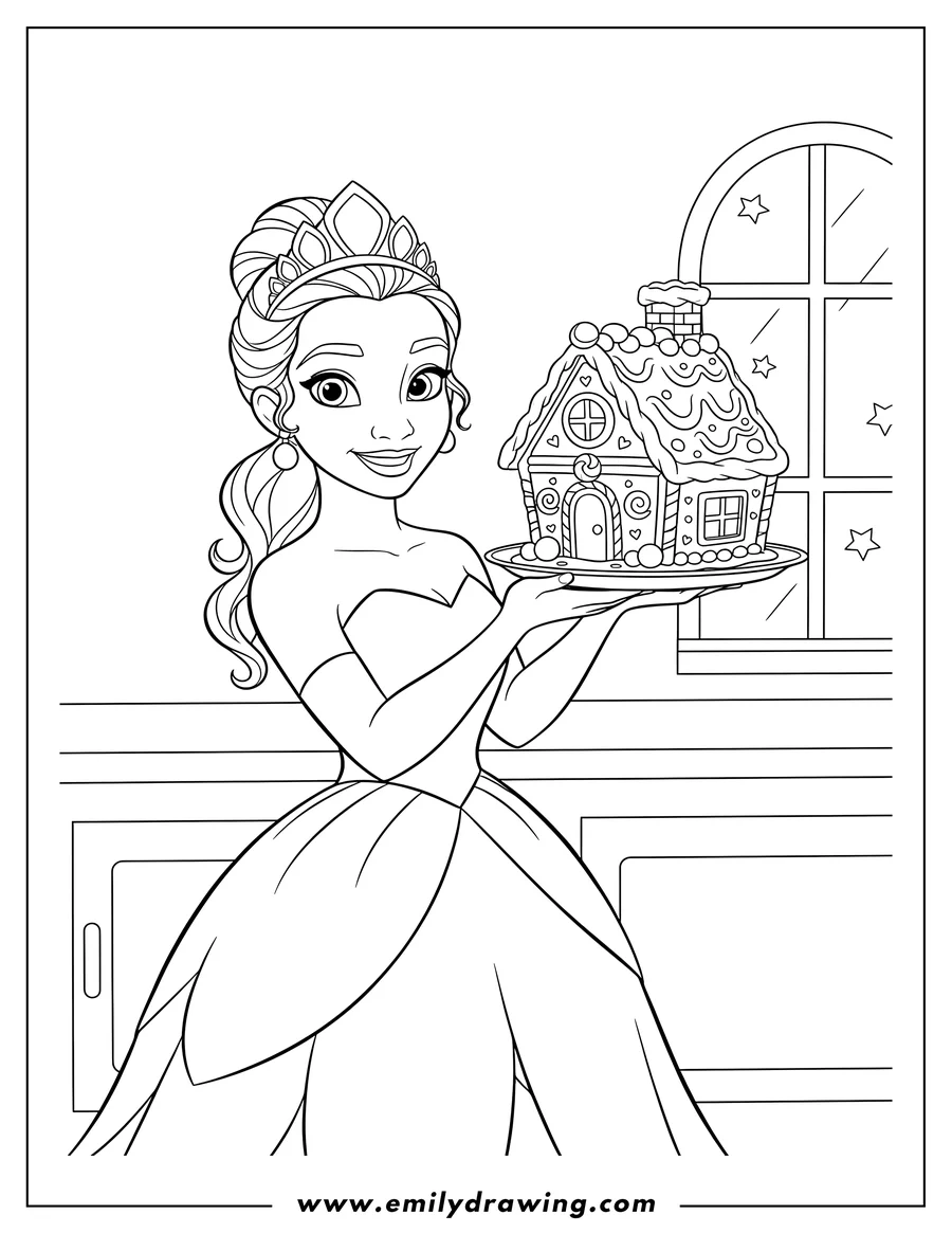 Linear illustration of tiana smiling and holding up a gingerbread house on a platter