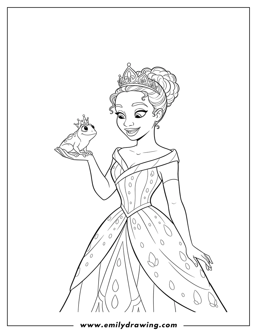 Black and white line art of princess Tiana, wearing a crown, smiling at Frog Prince Naveen who is standing on her hand