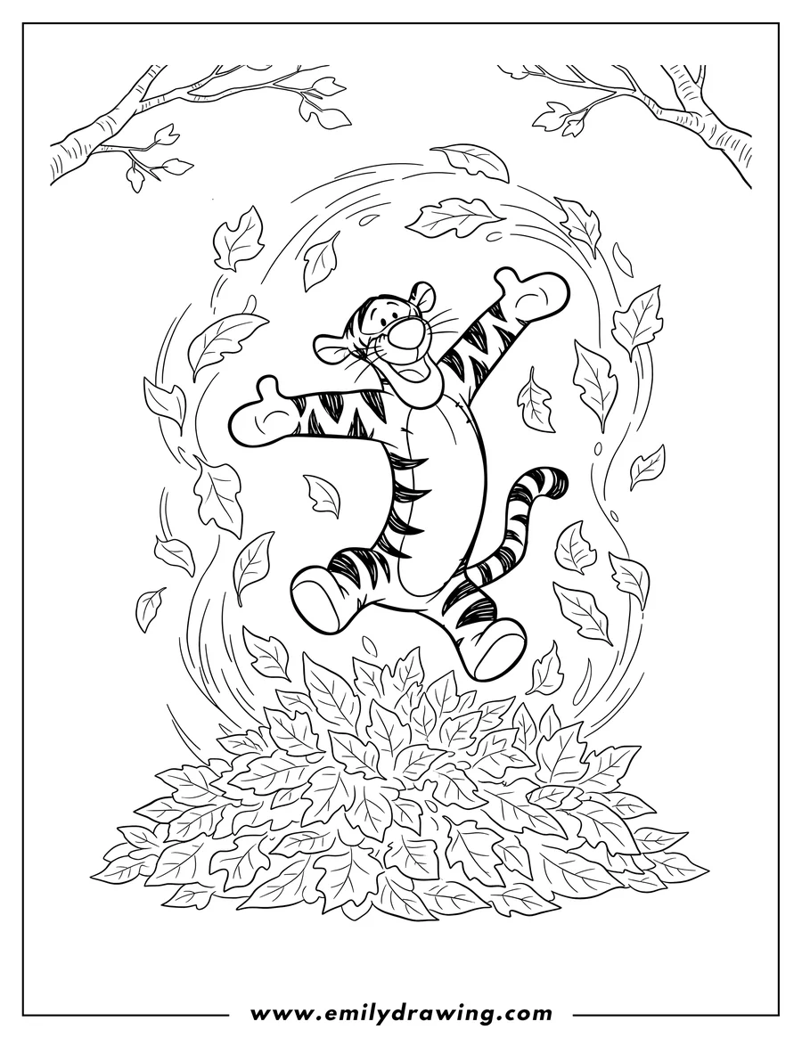 High quality printable tigger bouncing in a pile of autumn leaves for coloring