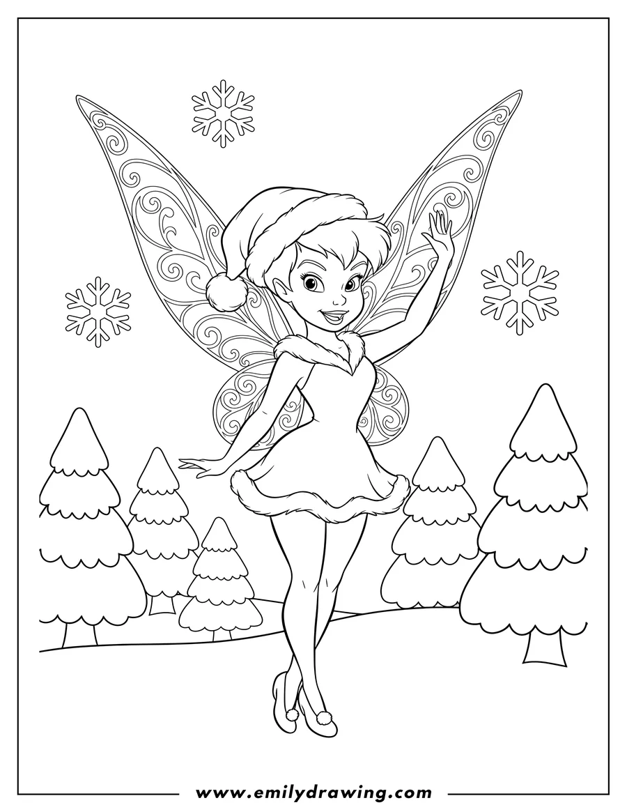 Coloring sheet featuring tinker Bell Wearing Santa Hat with Wings, Smiling and Waving in a Winter Wonderland