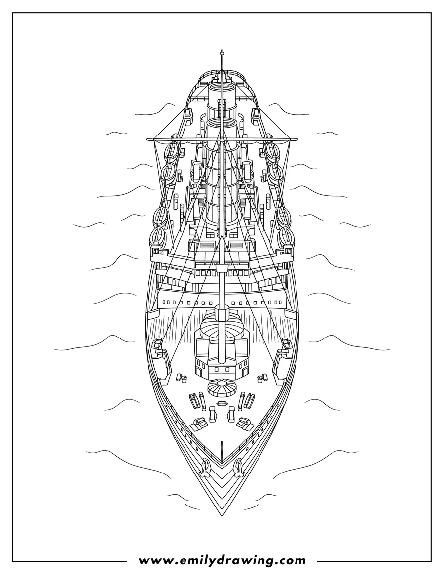 Coloring page of detailed Titanic, viewed from above, showing its bow and masts