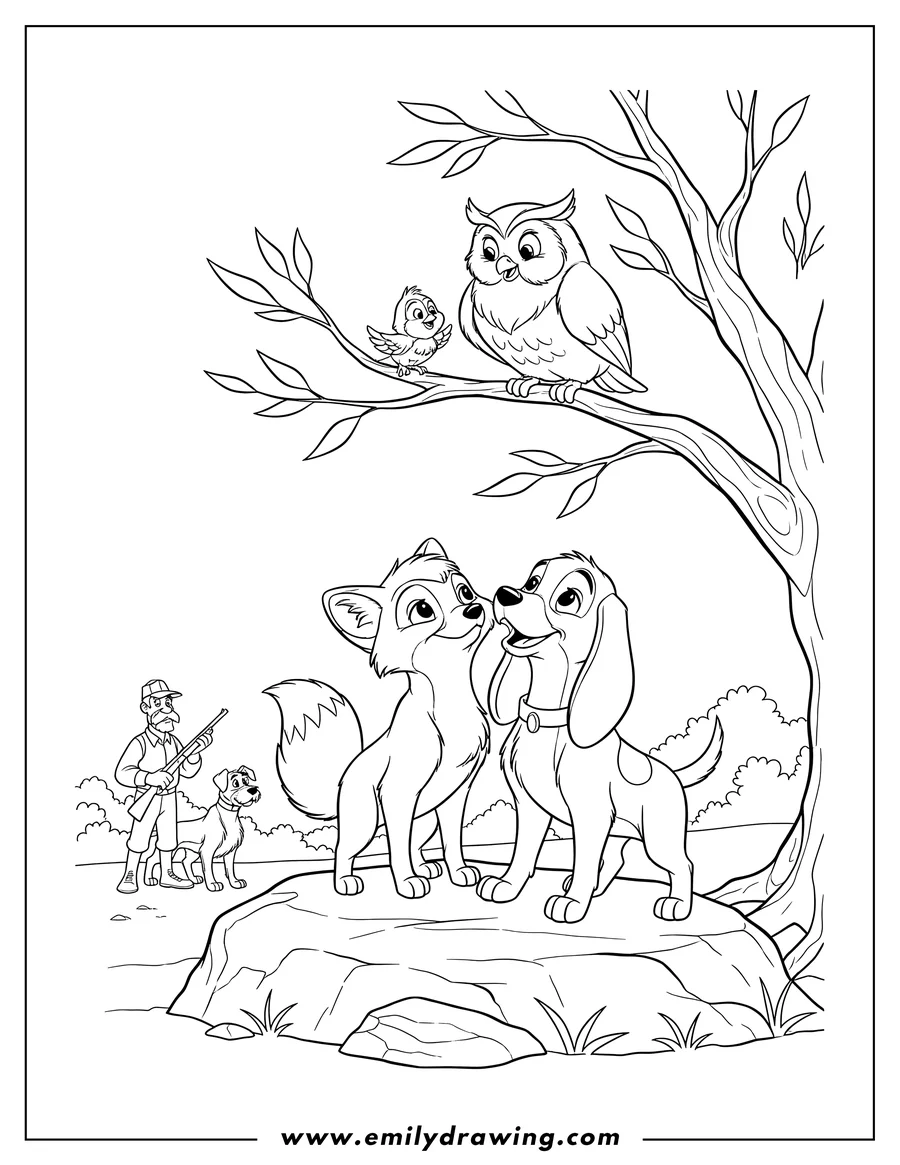 Clean line drawing: todd the fox and Copper the hound dog standing on a rock looking up, with Big Mama the owl and a small bird in a tree, and Amos Slade with his dog in the background