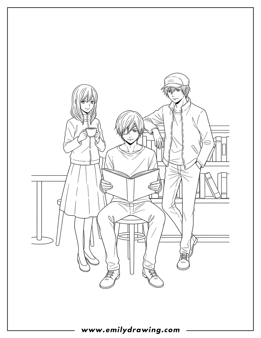 Vector style outline of tokyo Ghoul: Ken Kaneki reading a book, with Touka and Hide