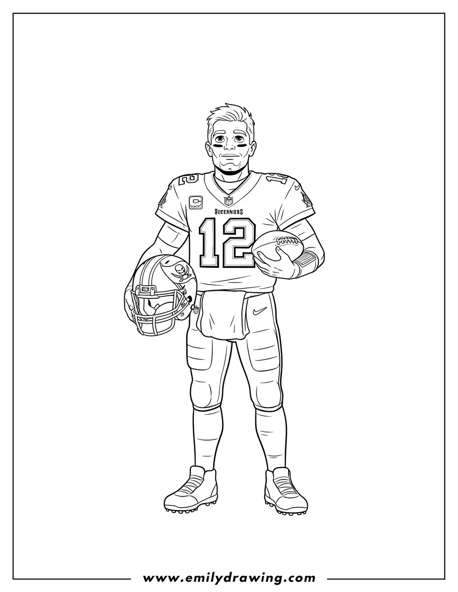 Outline drawing of tom Brady in his Buccaneers uniform, number 12, holding his helmet and a football, looking up
