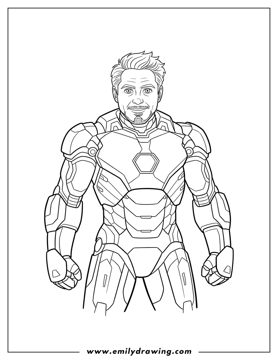 Simple sketch of tony Stark in scaled Iron Man suit, face visible to color