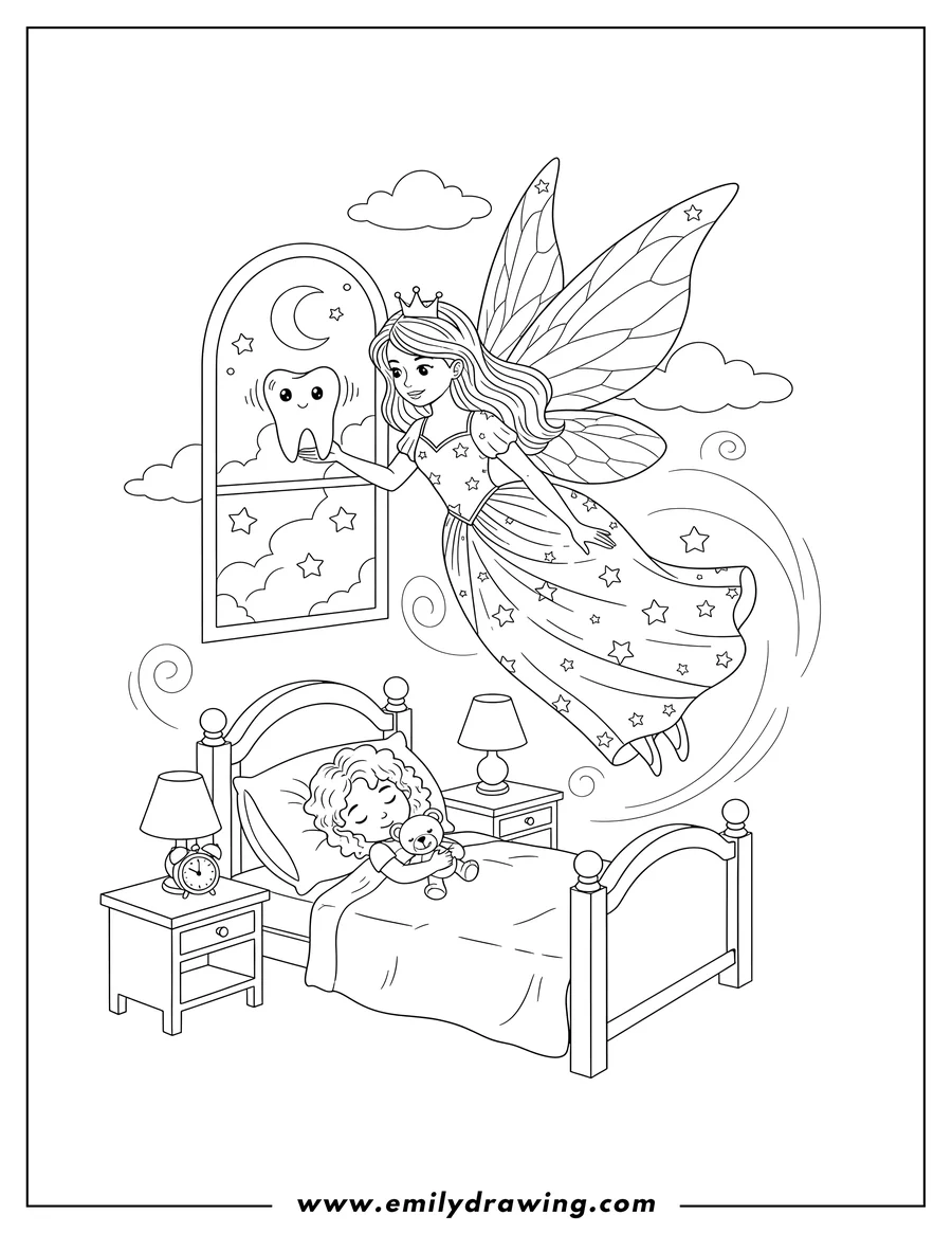 High quality printable tooth Fairy flying and holding a tooth, above a sleeping girl in her bed for coloring