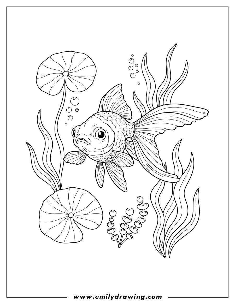 High quality printable top View Veiltail Goldfish swimming amongst aquatic plants for coloring