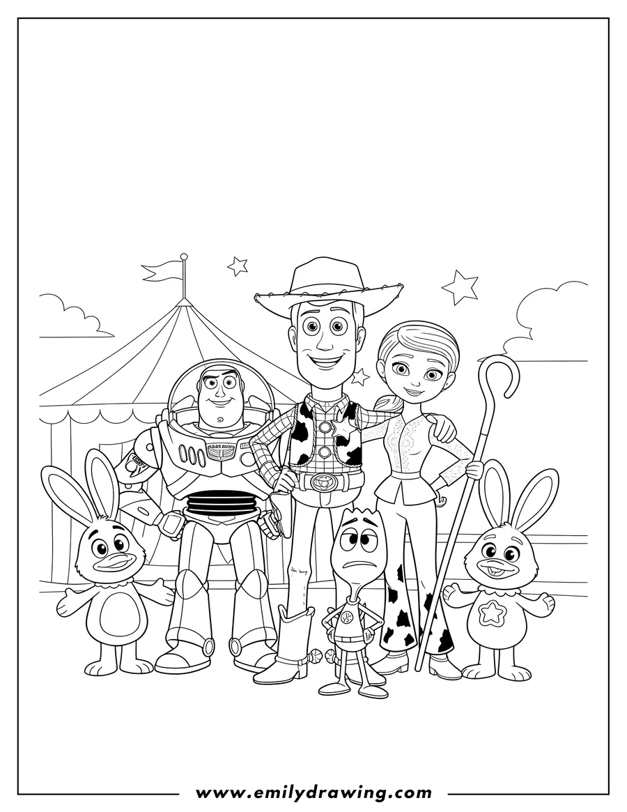 Black and white line art of toy Story 4 characters Woody, Bo Peep, Buzz Lightyear, Forky, Ducky, and Bunny standing together