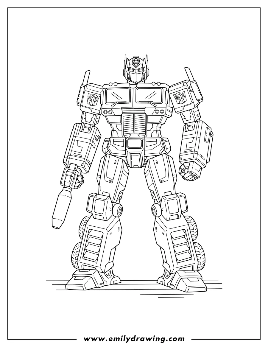 Full page coloring image of transformers Optimus Prime standing, coloring page