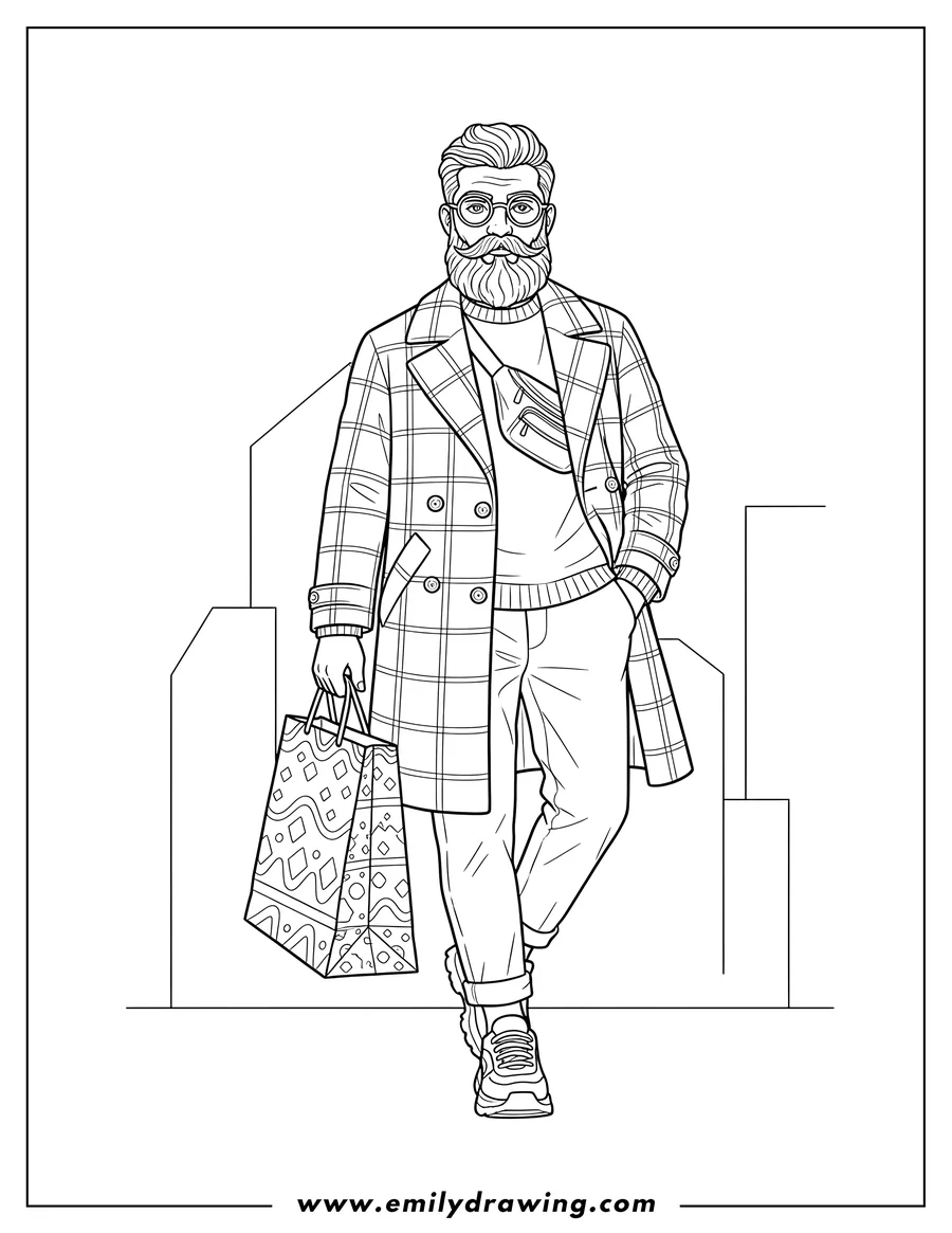 Linear illustration of trendy Man with Round Glasses and Beard, in Plaid Overcoat and Sneakers, wearing a Fanny Pack, Strutting with a Shopping Bag Fashion