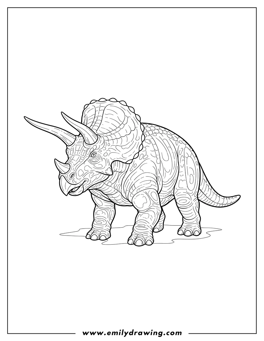 Free printable coloring sheet of detailed Triceratops Scaled, standing with head slightly lowered