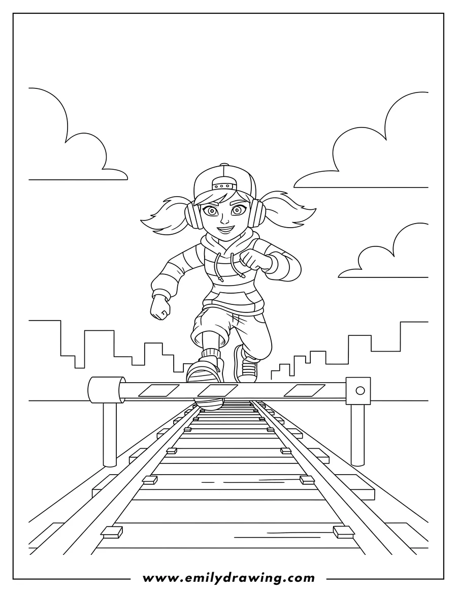 Printable coloring page of subway Surfer Tricky running on tracks, approaching a barrier