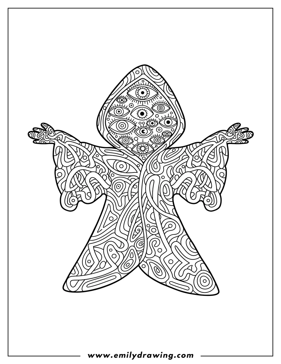 High quality printable trippy abstract design of a hooded figure with multiple eyes and intricate patterns for coloring