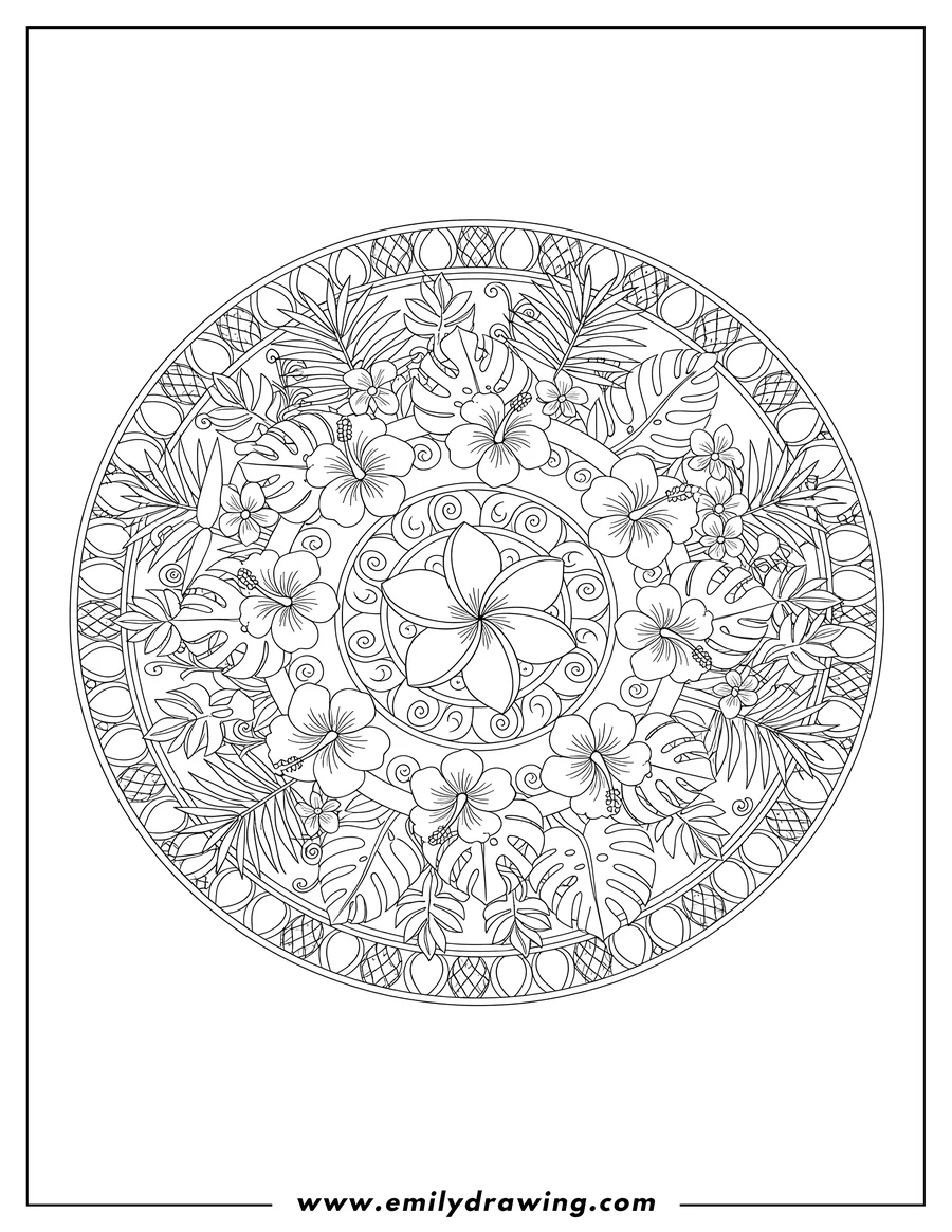 High quality printable detailed Tropical Flower Mandala for coloring