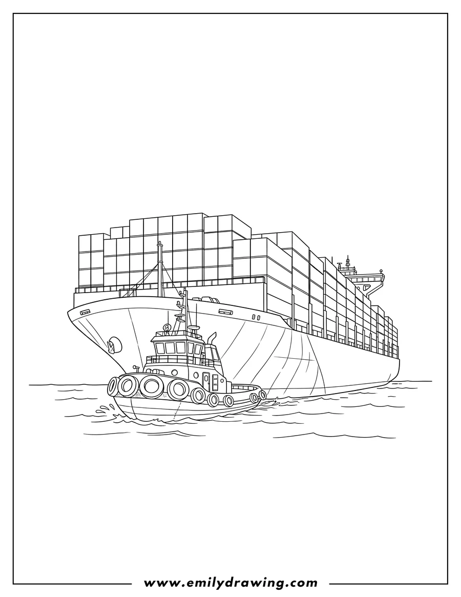 Linear illustration of tugboat Pushing Large Container Ship loaded with stacked containers To Color Scaled