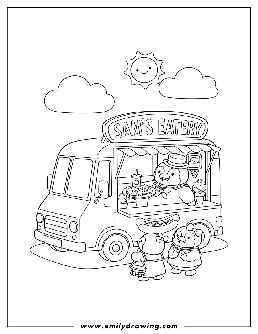 Coloring sheet featuring tuxedo Sam serving from his food truck to Pam and Tam