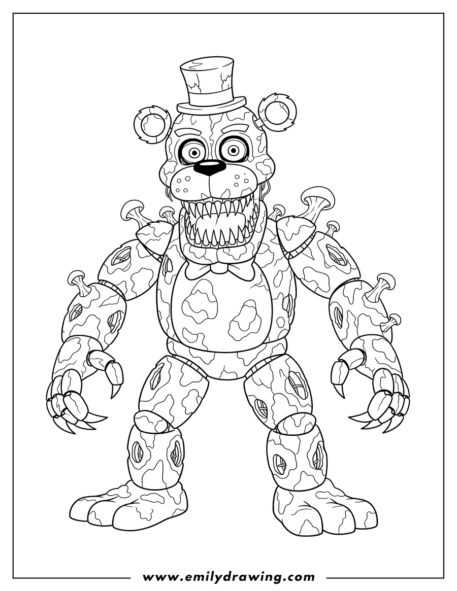Free to print drawing of five Night At Freddy S Twisted Freddy with sharp claws, teeth, and textured growths