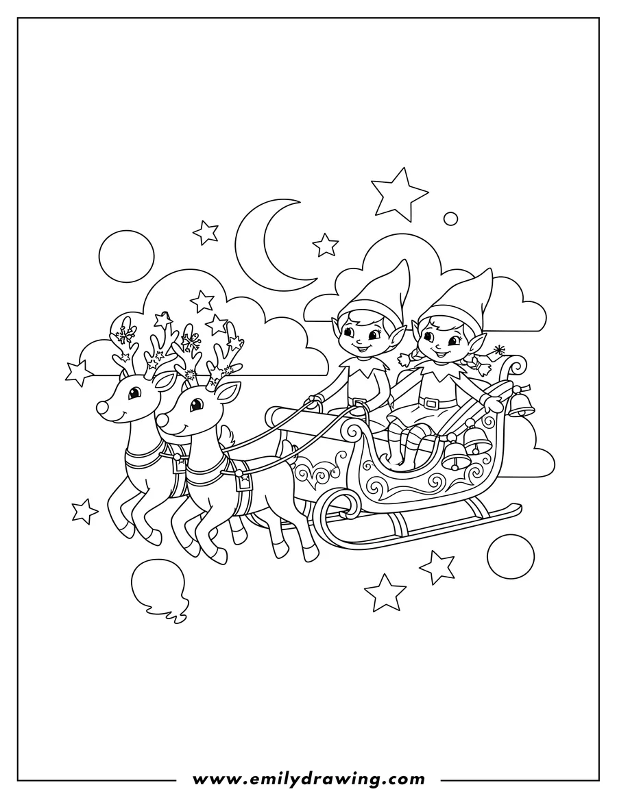 Coloring sheet featuring two Elves On Shelf in Sleigh pulled by Reindeer