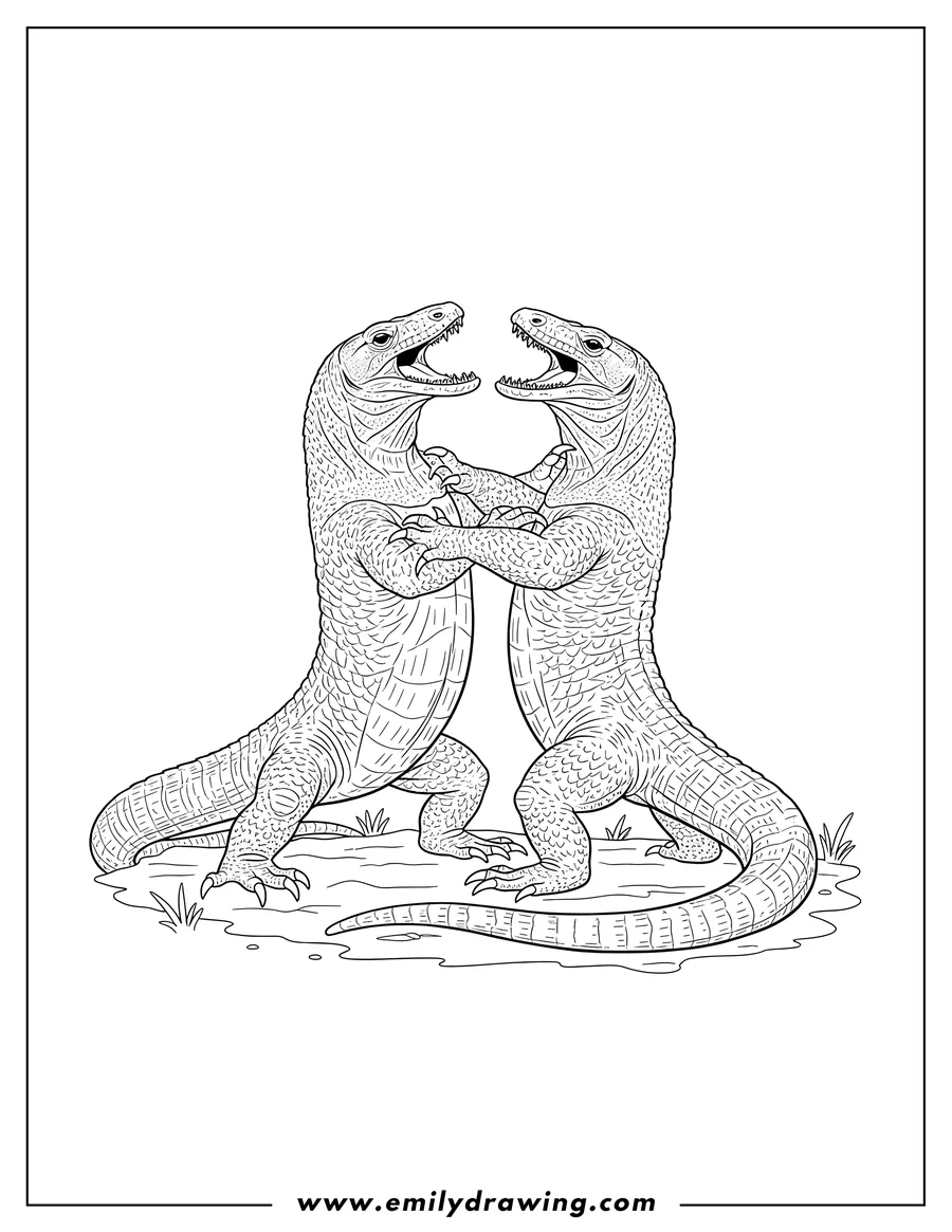 Clean line drawing: two Komodo Dragons fighting, standing on their hind legs with forelegs wrapped around each other