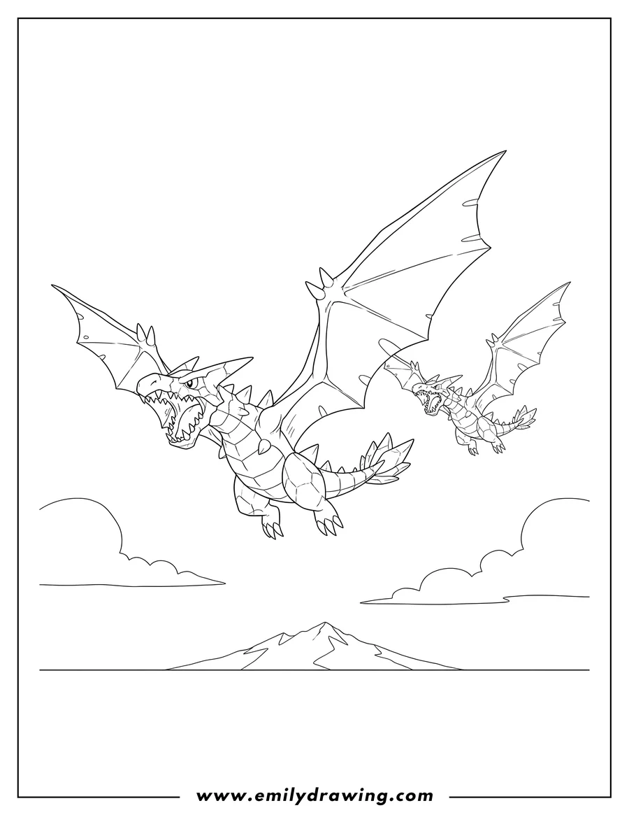 Clean line drawing: two Mega Aerodactyls flying together, one with its mouth open