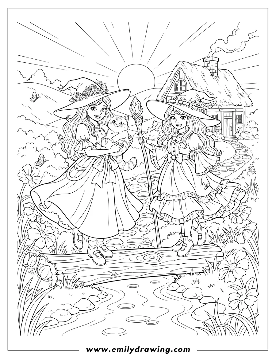 Free printable coloring sheet of two Pretty Witches, one holding a cat, standing on a log, Cottagecore Landscape