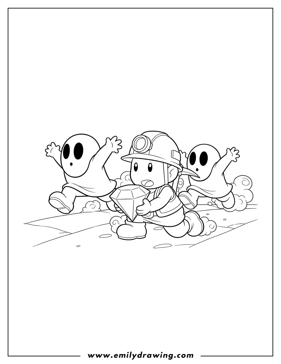 Vector style outline of two Shy Guys running with outstretched arms chasing a crouching Miner Toad with an emerald