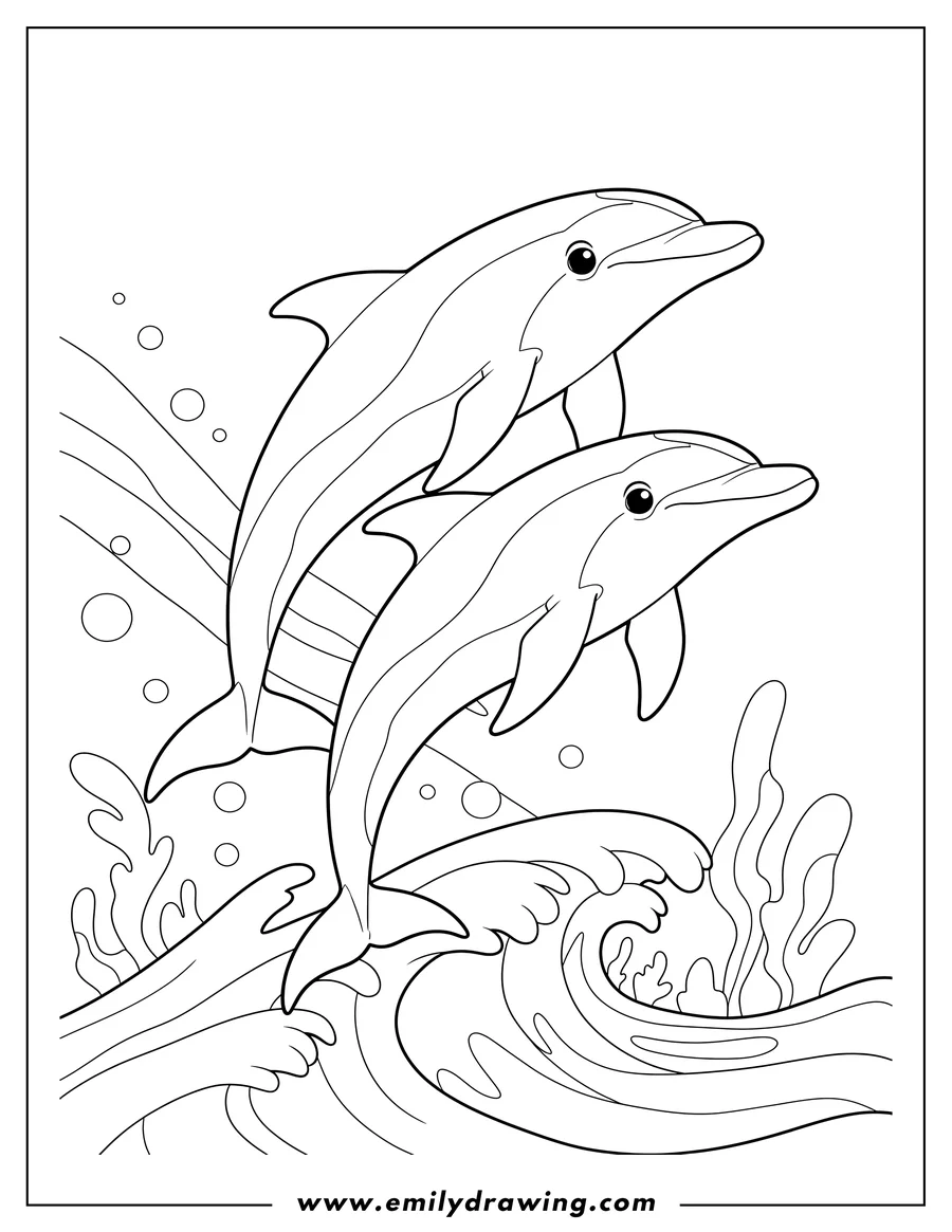 Simple sketch of two Striped Dolphins Swimming Ocean Scaled, side-by-side and angled upwards to color