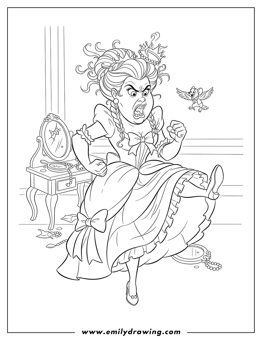 Printable line art of cinderella's Ugly Stepsister throwing a fit with an angry expression and clenched fists